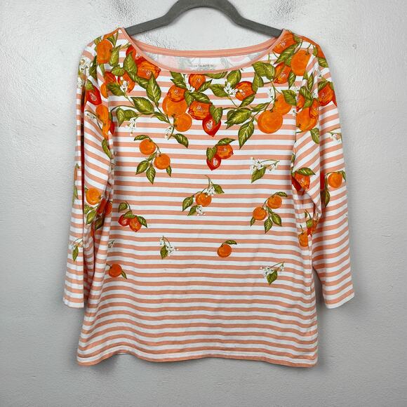 Talbots Tops - Talbots Tee Womens Large‎ Orange Stripe Print 3/4 Sleeve Pima Cotton Preppy